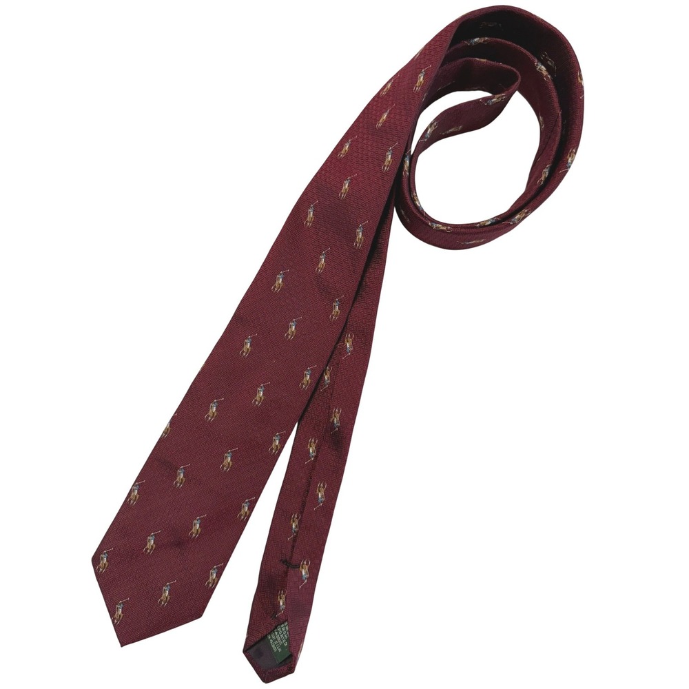 VTG Polo Ralph Lauren Necktie Burgundy Silk Polo Pony Embroidered Preppy 3.5" - Picture 5 of 8